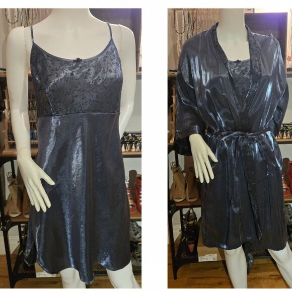 Blue Satin Set night gown kimono size Large - 12 - Picture 1 of 10
